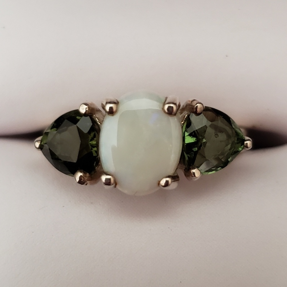 Sterling silver White Opal and Moldavite ring.